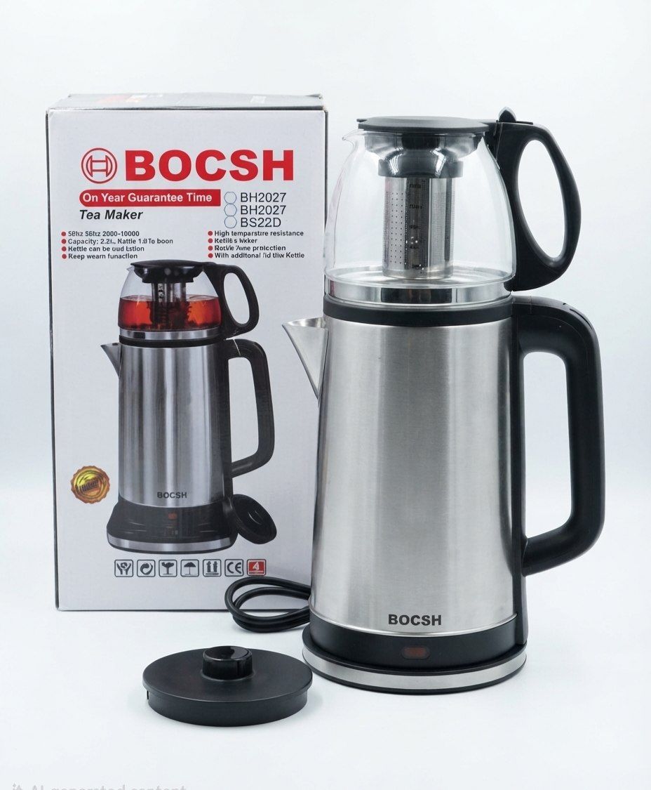 ✅ #چایساز روهمی استیل Bosch    🔺2.2 لیتر + 1 لیتر 🔺1800 وات 🔺قوری پیرکس صافی دار 🔺ساخت چین🇨🇳
